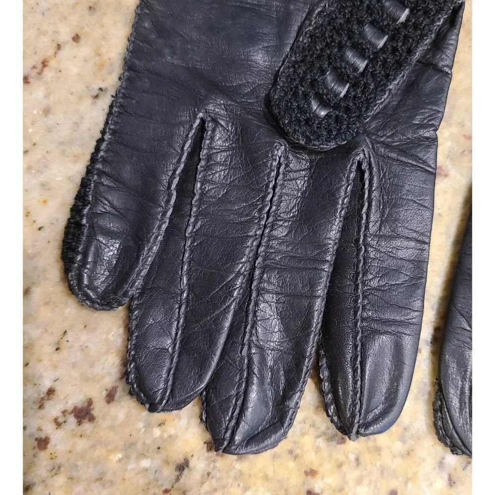 Vintage Size M 7 Black Leather And Knit Handmade Gloves Hammer Of Hollywood